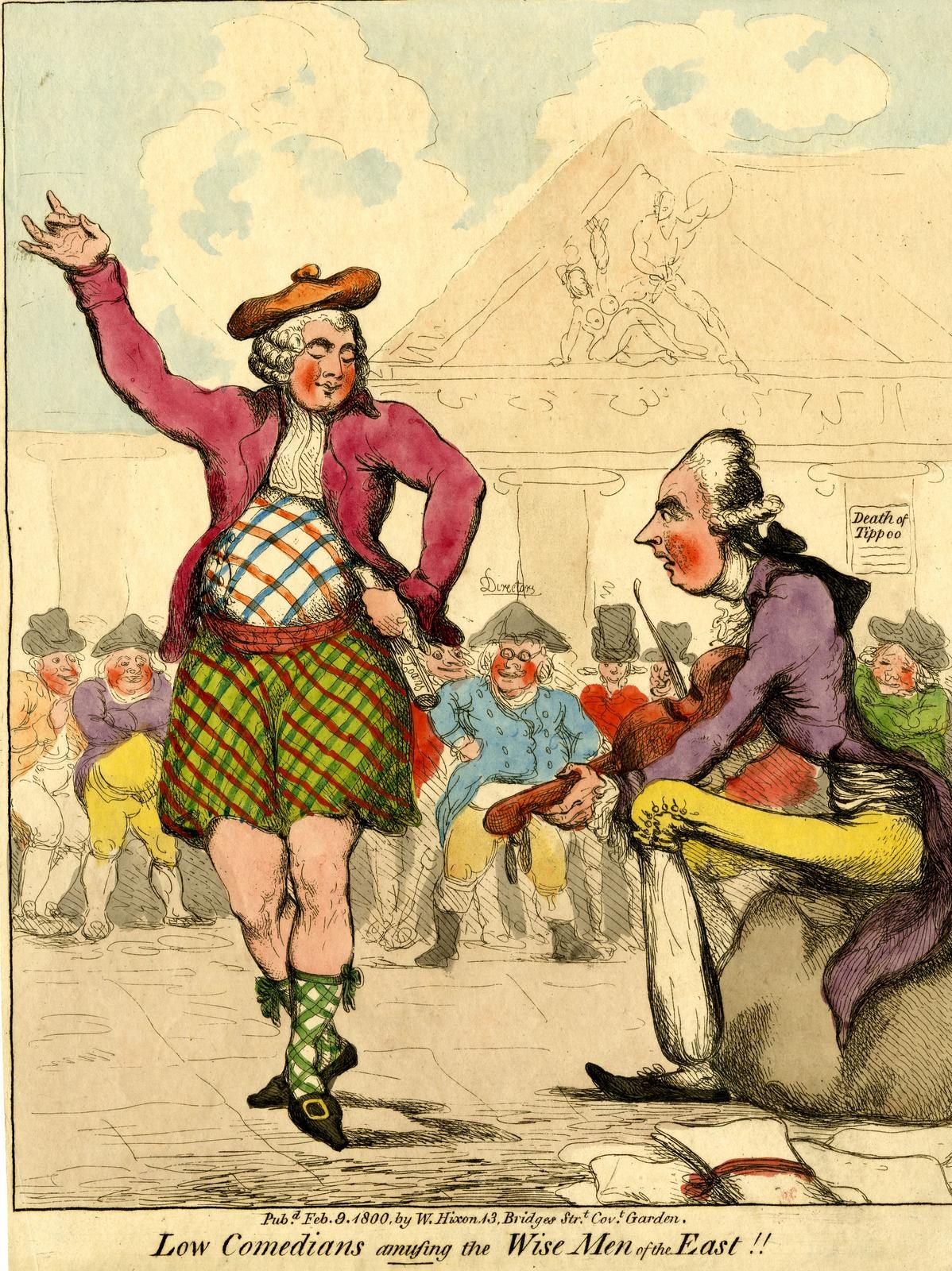 Karikatur eines Mannes in einem Kilt und einer Frau in einem Kleid, die vor einem Publikum auf einer Bühne stehen, mit dem Text unten: 'Niedrige Komiker, die die weisen Männer des Ostens unterhalten'