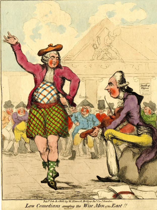 Karikatur eines Mannes in einem Kilt und einer Frau in einem Kleid, die vor einem Publikum auf einer Bühne stehen, mit dem Text unten: 'Niedrige Komiker, die die weisen Männer des Ostens unterhalten'