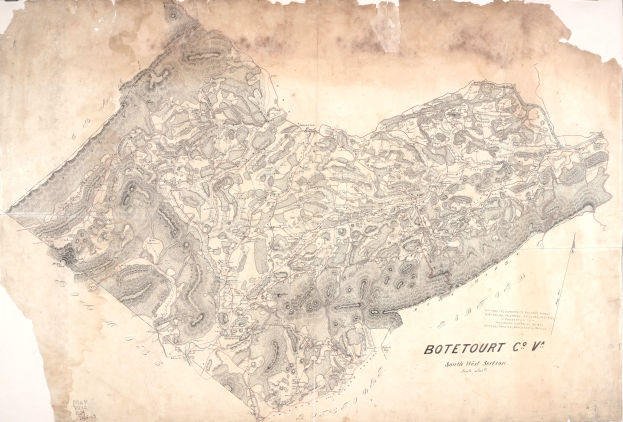 Ein detaillierter alter Stadtplan von Botetourt, der Straßen, Gebäude und Sehenswürdigkeiten zeigt, mit begleitendem Text, der Informationen zur Bevölkerung, Straßen und Sehenswürdigkeiten der Stadt enthält.