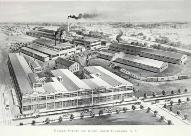 Luftaufnahme einer rauchenden Fabrik, umgeben von Gebäuden, Bäumen und Fahrzeugen, mit dem Text "General Office and Works, North Tonawanda, New York" unten.