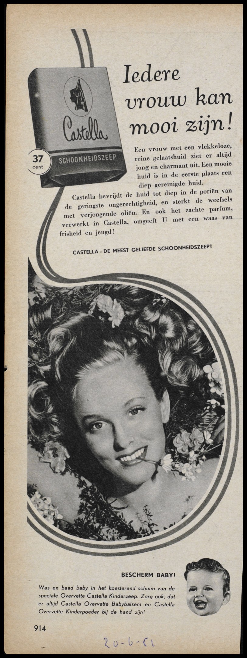 Werbeposter für Castella-Seife mit einer strahlenden Frau und Textbeschreibung des Produkts