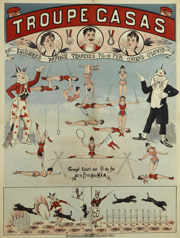 Zirkusplakat in Paris mit Performern in bunten Kostümen und Masken, mit Text 'Troupe Casas'.