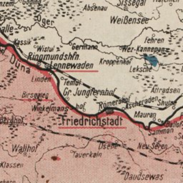 Ein historischer Stadtplan von Friedrichstadt, Deutschland während des Zweiten Weltkriegs, der die Lage der Stadt hervorhebt.