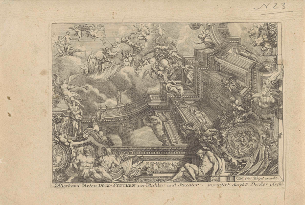 Eine Zeichnung auf Papier, die einen Raum mit einer Decke zeigt, die mit Skulpturen und Text versehen ist.