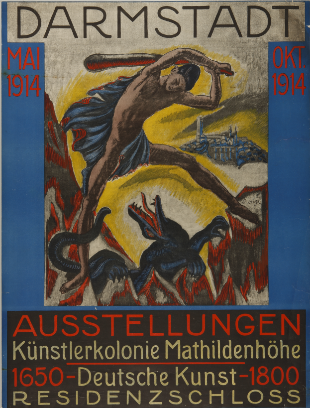 Ein Plakat mit einem Mann in einem weißen Hemd und blauen Jeans mit entschlossener Miene, umgeben von Text und Bildern, wirbt für eine Ausstellung in Darmstadt, Deutschland im Mai 1914.