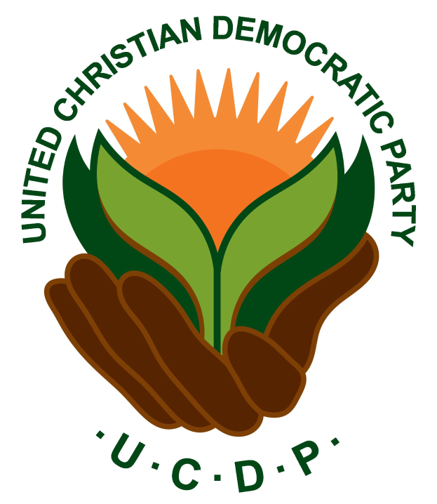 Logo der Vereinigten Christdemokraten (UCDP): eine Hand, die eine leuchtend gelbe Blume mit einem grünen Stiel und Blättern hält, mittig in einem blauen und gelben Kreis auf einem weißen Hintergrund, mit der Schrift 'UCDP' darunter in fetter schwarzer Schrift.