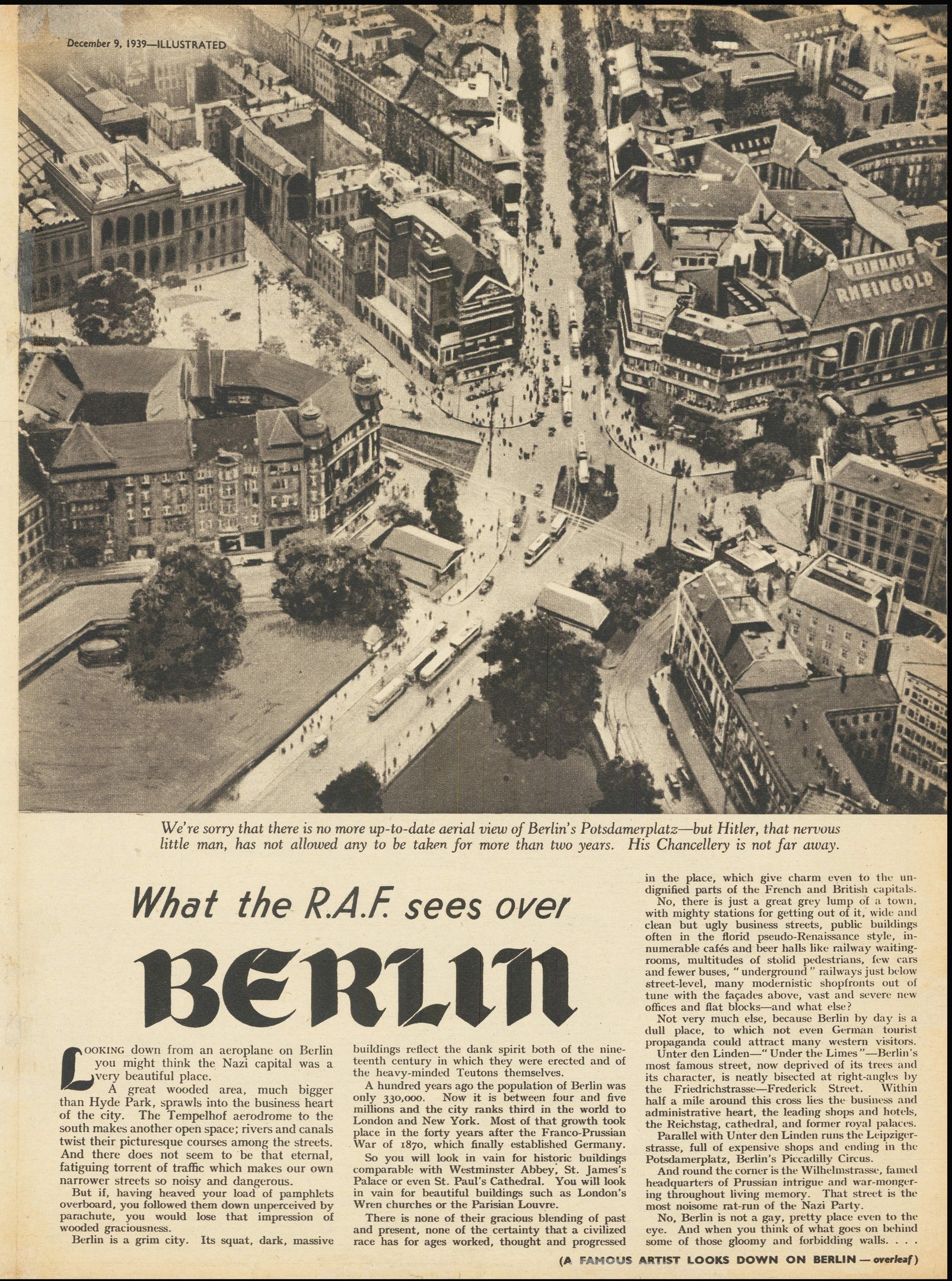 Alte Zeitung mit Schwarz-Weiß-Fotografie einer Stadtlandschaft mit Gebäuden, Bäumen und Fahrzeugen, begleitet von Text.