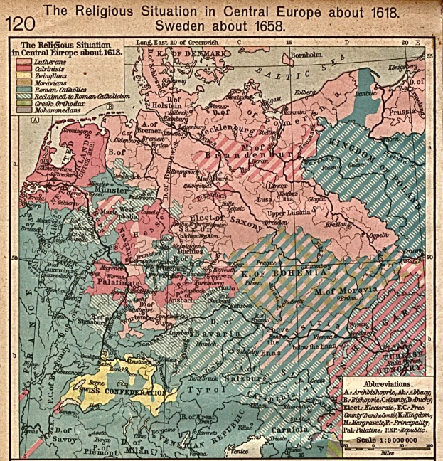 Eine historische Landkarte von Mitteleuropa aus dem Jahr 1618, die die religiöse Landschaft der Region mit detaillierten Textanmerkungen zeigt.