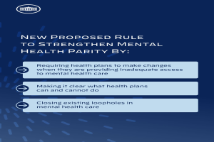 Ein blauer Hintergrund mit weißer Schrift und einem weißen Kreis-Logo mit einer blauen Umrandung, das eine neue Regelung zur Stärkung der psychischen Gesundheit umreißt.