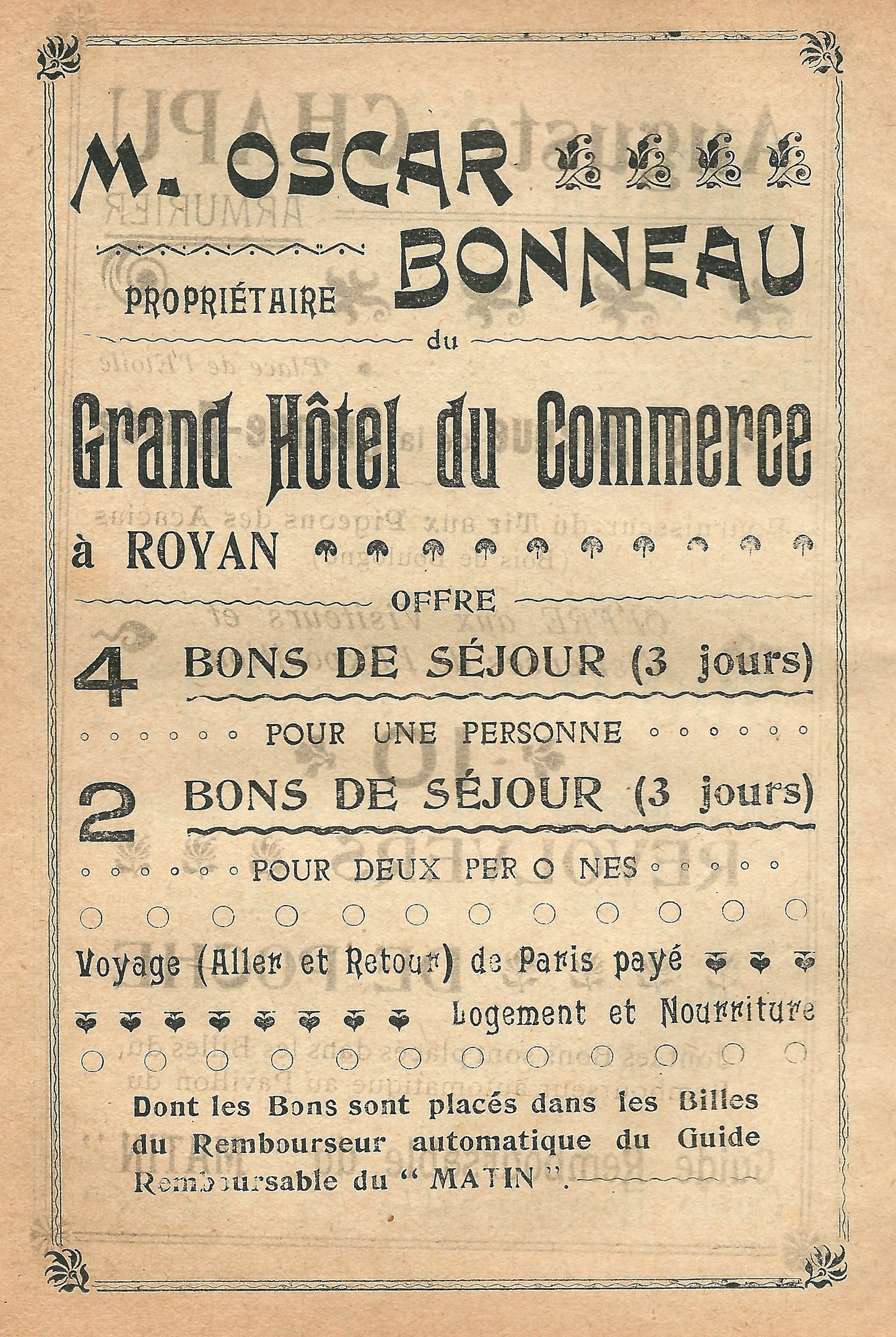 Anzeige für das Grand Hotel du Commerce in Paris, Frankreich, auf altem Papier mit Text über die Hotelangebote.