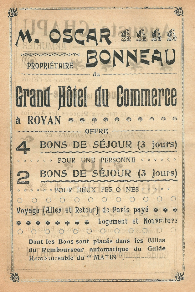 Anzeige für das Grand Hotel du Commerce in Paris, Frankreich, auf altem Papier mit Text über die Hotelangebote.