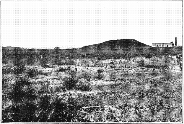 Ein Schwarz-Wei-Foto eines Feldes mit einem Hügel im Hintergrund, einem Gebäude auf der rechten Seite und einem Himmel oben, mit dem Text "New York State Penitentiary" unten.