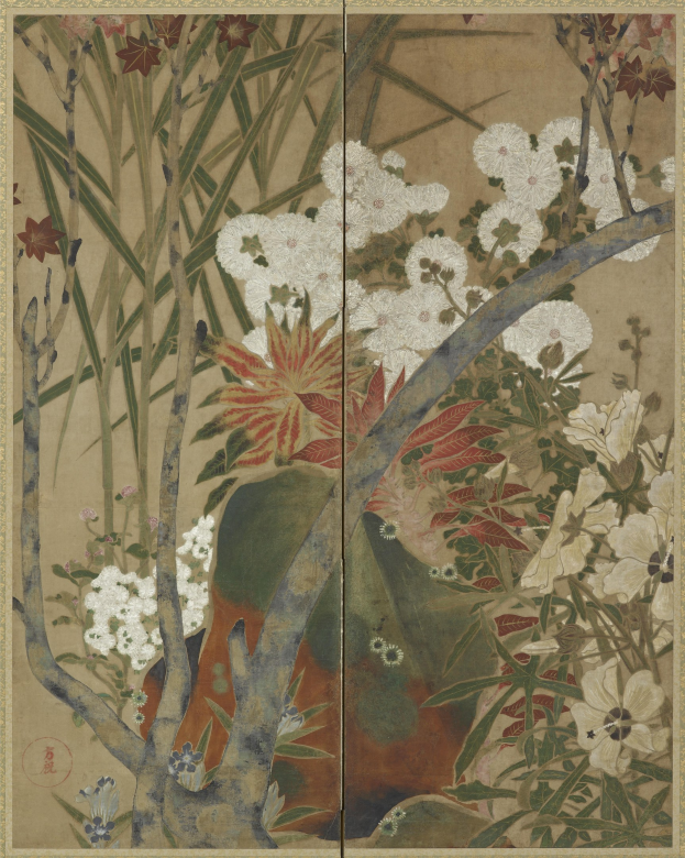 Ein japanischer Bildschirm mit einem leuchtenden Gemälde eines üppigen Landschaften mit detaillierten Blumen und Pflanzen in kräftigen Farben.