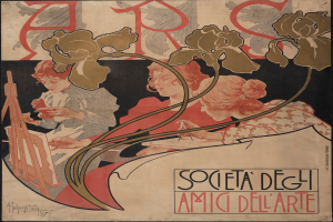 Ein Plakat, das die Gesellschaft für Kunst von Alphonse Mucha ankündigt, zeigt eine farbenfrohe Illustration von drei einzigartig gestalteten Menschen vor einem hellgelben Hintergrund, mit der Aufschrift "Gesellschaft für Kunst" in fetter schwarzer Schrift.
