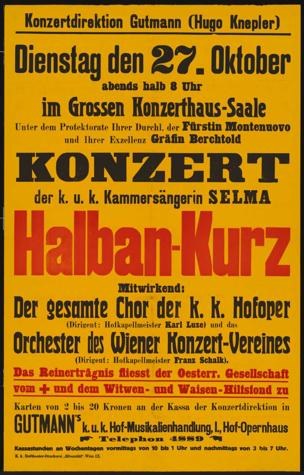 Gelbes Plakat, das ein Konzert mit dem Titel "Konzert Halban-Kurz" in Berlin, Deutschland, ankündigt.