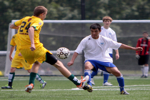 Fußballspieler in gelben und weißen T-Shirts spielen auf einem Rasenfeld mit einem Netz, Pfosten und Bäumen im Hintergrund.
