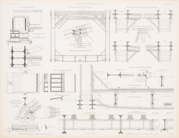 Ein detailliertes Bild einer Eisenbahnbrücke in einem Buch, das ihre Bögen, Träger und andere konstruktive Merkmale zeigt, mit begleitendem Text über ihre Konstruktion.