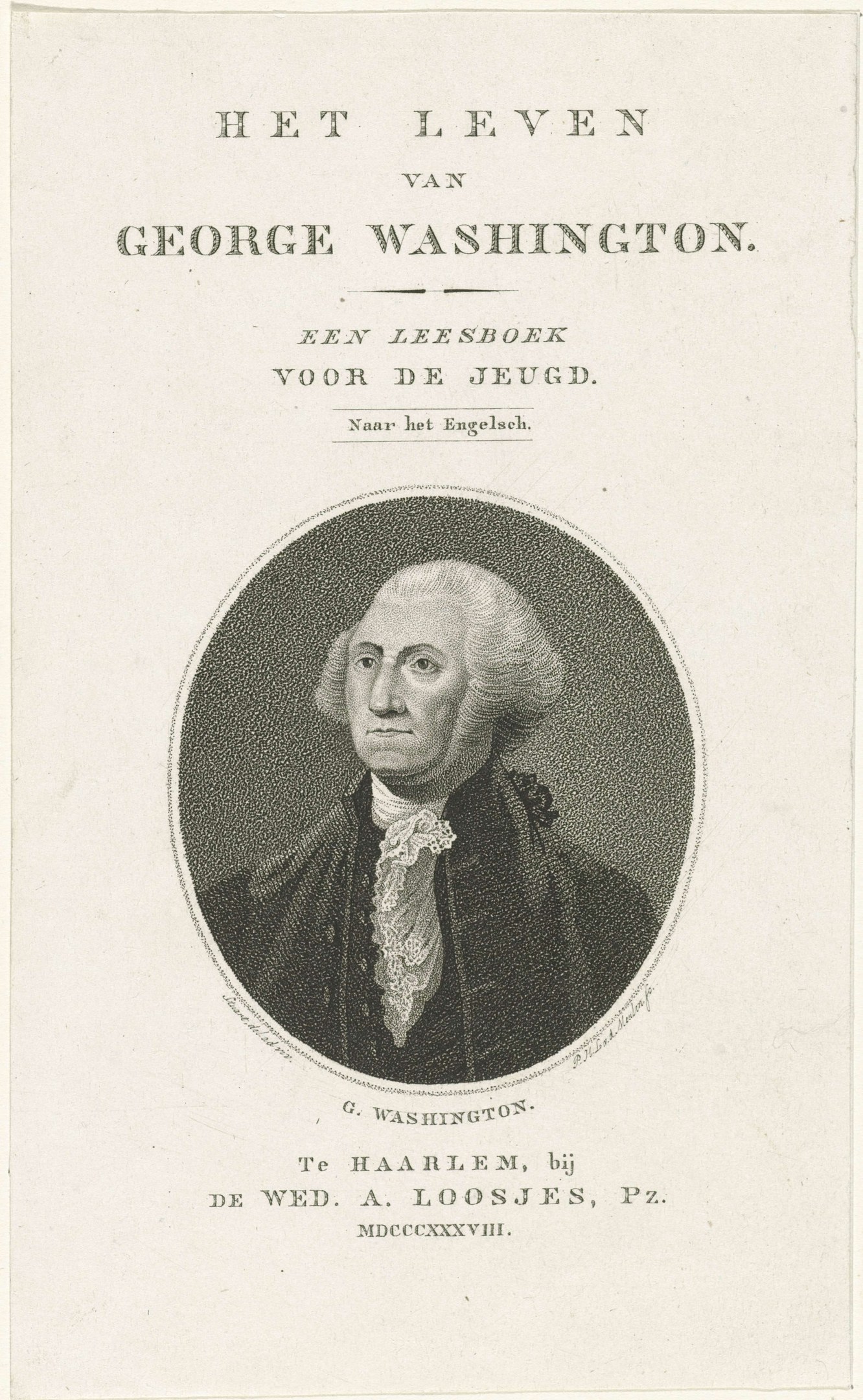 Porträt von George Washington auf Papier mit Text, der nach vorne schaut und einen ernsten Ausdruck hat, trägt einen Anzug und eine Krawatte mit zurückgekämmtem Haar.
