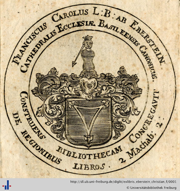 Altes Buch mit einem Wappen, das einen gekrönten Schild, einen Lorbeerkranz und ein Banner mit der Aufschrift "Bibliothek" zeigt, sowie den Schriftzug "Bibliotheken" darunter.