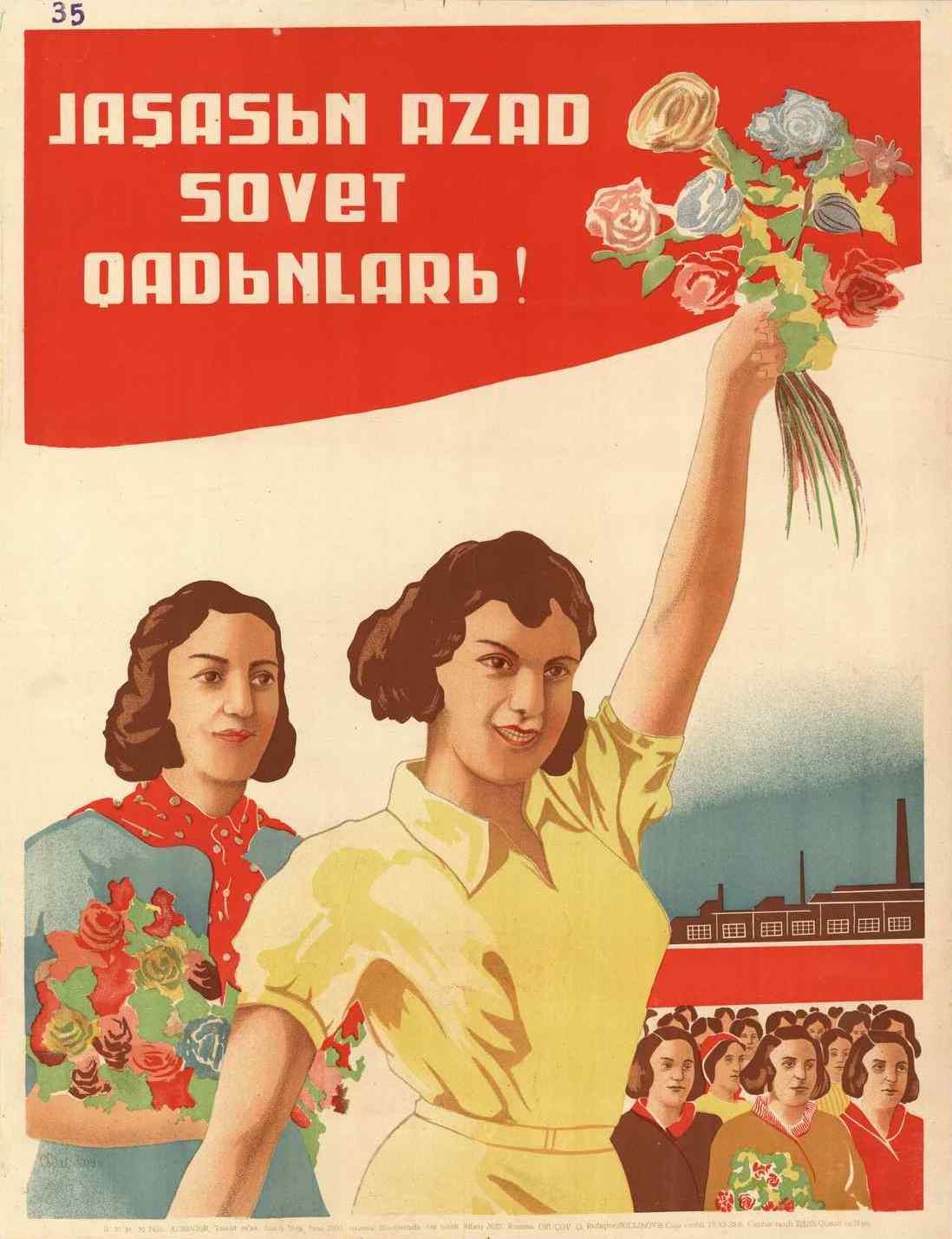 Sowjetisches Propagandaplakat zum Frauentag, das eine Frau mit Blumen in der Hand zeigt, umgeben von einer Menge und einem Gebäude, mit der Aufschrift "Frauentag."