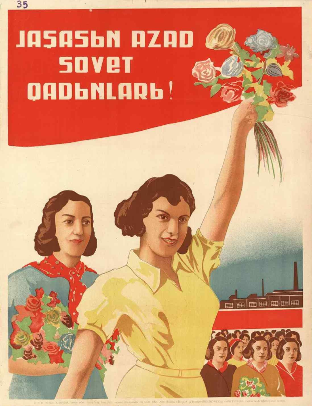 Sowjetisches Propagandaplakat zum Frauentag, das eine Frau mit Blumen in der Hand zeigt, umgeben von einer Menge und einem Gebäude, mit der Aufschrift "Frauentag."