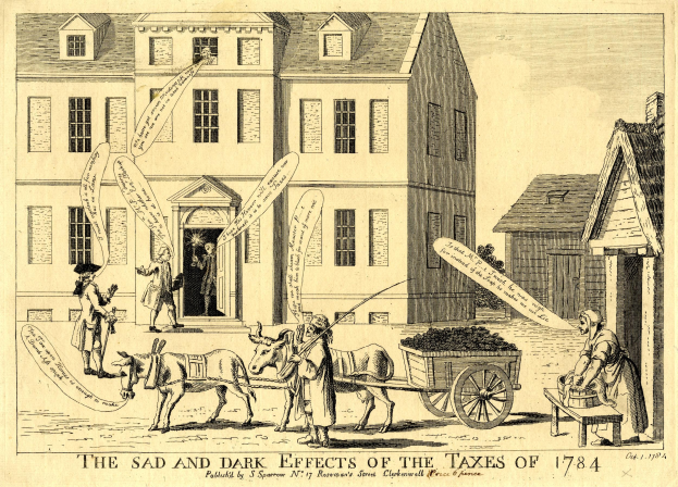 Ein Blatt mit einer Zeichnung eines Gebäudes, einen Wagen mit Gegenständen und Menschen drumherum, mit Text unten lesend "die traurigen und dunklen Auswirkungen der Steuern von 1784".