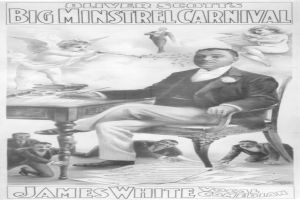 Plakat für den Großen Minstrel-Karneval von Oliver Scott, das einen Mann in der Mitte umgeben von einer Gruppe von Menschen zeigt, mit verschiedenen Gegenständen auf einem Tisch davor und Text und Zahlen oben und unten.