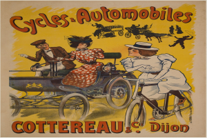 Plakat, das Fahrräder und Automobile in Cottereau und Dijon, Frankreich, bewirbt, mit Menschen, die Fahrräder fahren und eine Kutsche, und dem Text "Fahrräder und Automobile" oben.