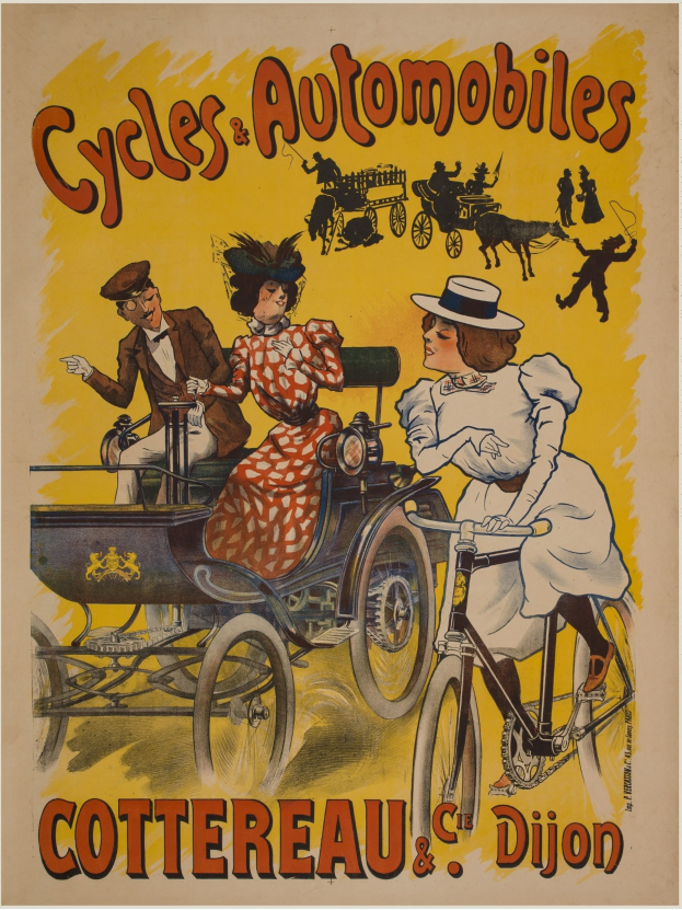 Plakat, das Fahrräder und Automobile in Cottereau und Dijon, Frankreich, bewirbt, mit Menschen, die Fahrräder fahren und eine Kutsche, und dem Text "Fahrräder und Automobile" oben.