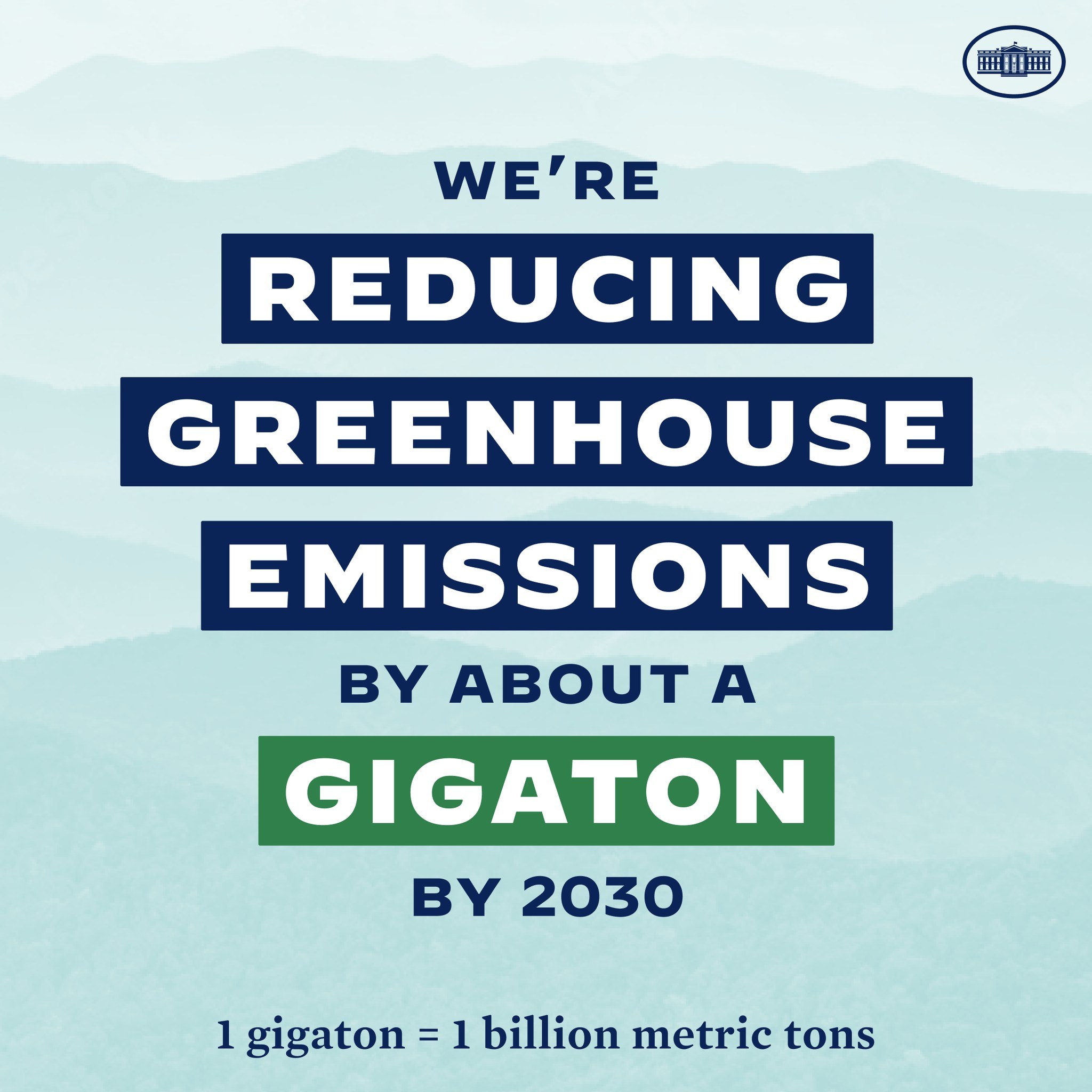 Plakat mit Text und Logo, das "Wir reduzieren die Treibhausgasemissionen bis 2030 um etwa eine Gigatonne" verkündet und für eine signifikante Reduzierung der Treibhausgasemissionen bis 2030 wirbt.