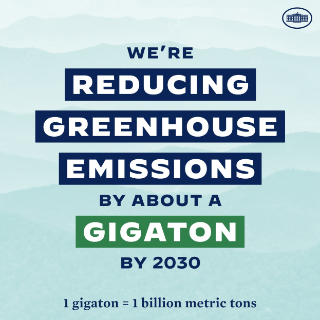 Plakat mit Text und Logo, das "Wir reduzieren die Treibhausgasemissionen bis 2030 um etwa eine Gigatonne" verkündet und für eine signifikante Reduzierung der Treibhausgasemissionen bis 2030 wirbt.