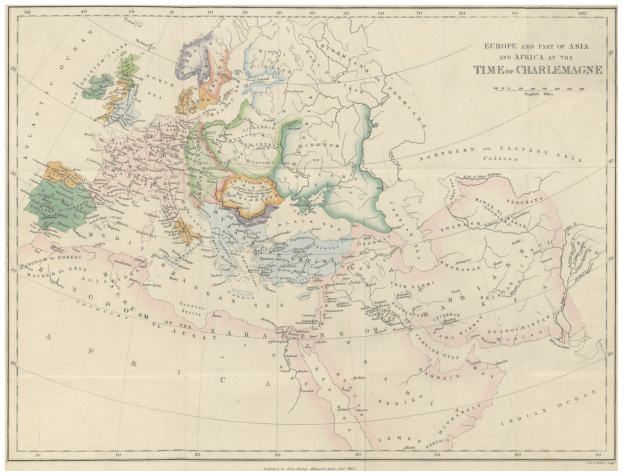 Eine historische Karte von Europa und Afrika zur Zeit Karls des Großen, die das Ausmaß des britischen Empire hervorhebt, mit begleitendem Text, der Länder und Regionen beschreibt.