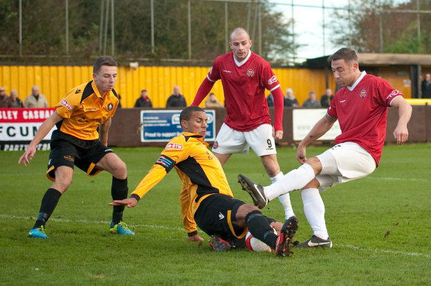 Spieler in blauen und roten Uniformen konkurrieren in einem Spiel auf einem Rasenfeld, mit einem Ball und einem Baum sowie Zuschauern außerhalb des Feldes, die jubeln.