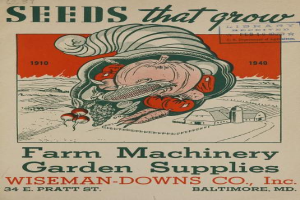 Ein Vintage-Plakat von Wiseman-Downs Co., Inc. mit verschiedenen landwirtschaftlichen Maschinen und Gartenzubehör.