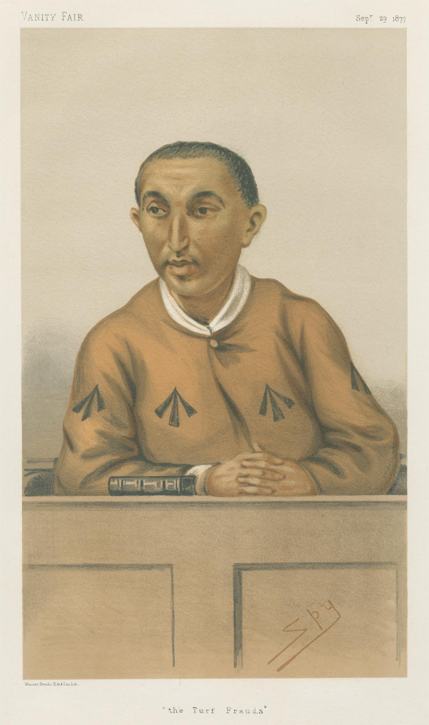 Ein Mann in einem weißen Hemd und dunklen Hosen sitzt an einem Tisch mit gefalteten Händen und zeigt einen ernsten Gesichtsausdruck, mit der Beschriftung "Die Rasenbetrüger" unten.