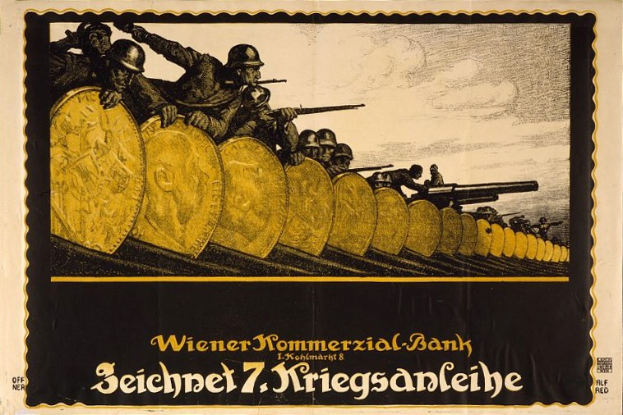 Deutsches Propagandaplakat aus dem Zweiten Weltkrieg, das Soldaten in Helmen mit Waffen und dem Text "Wiener Kommmerzial Bank" unten zeigt.