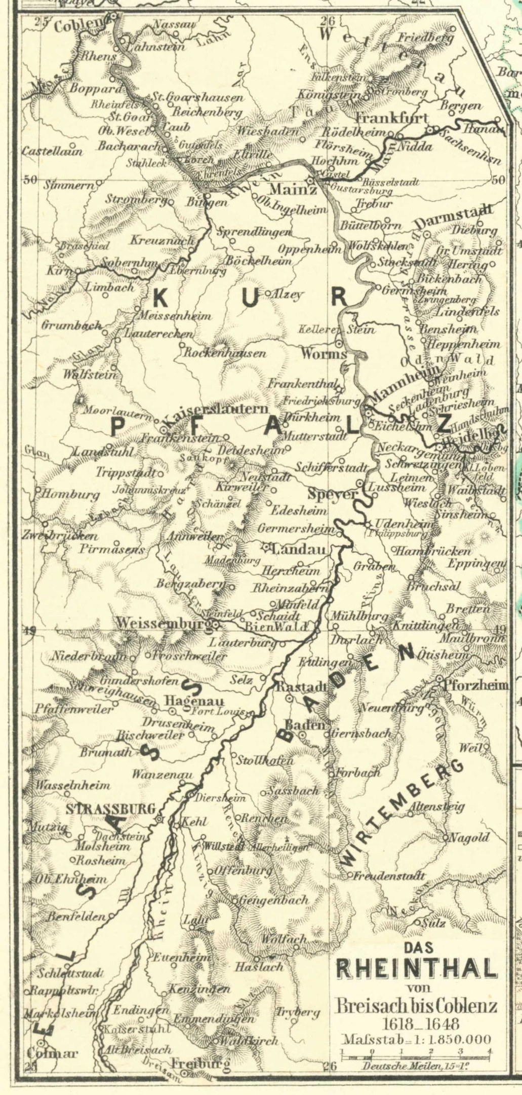 Ein detaillierter alter Plan der Rhine in Deutschland, der Flüsse, Städte und Gewässer zeigt, mit Text oben und unten, der geografische Informationen liefert.