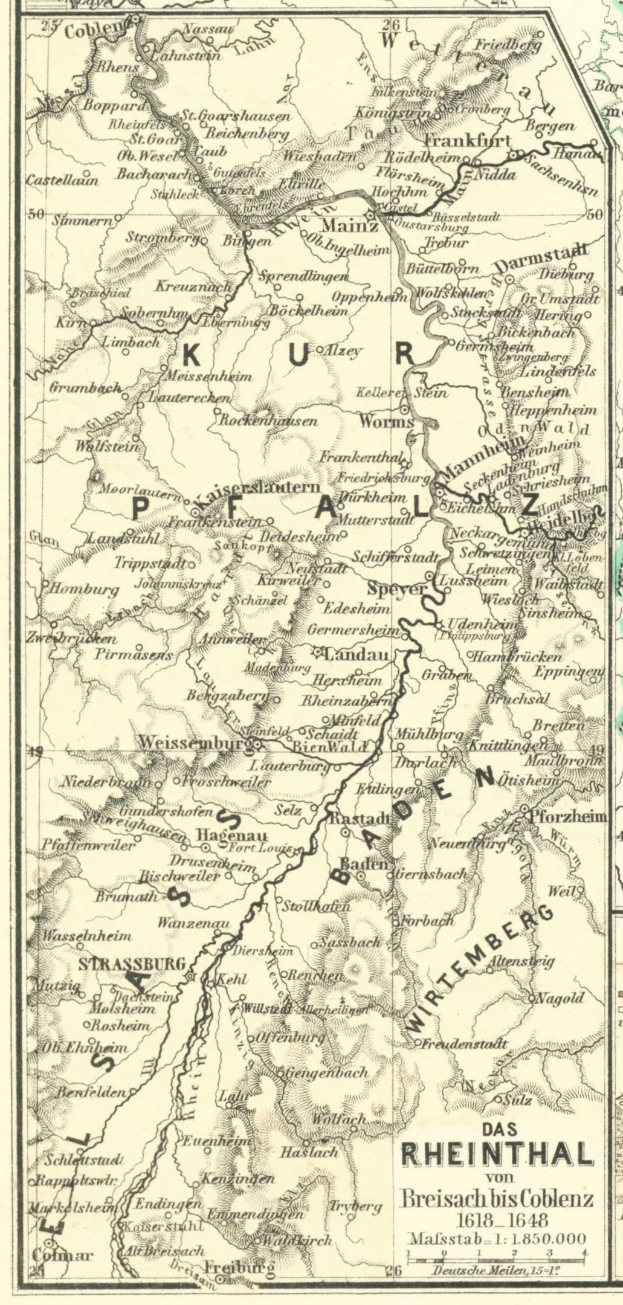 Ein detaillierter alter Plan der Rhine in Deutschland, der Flüsse, Städte und Gewässer zeigt, mit Text oben und unten, der geografische Informationen liefert.