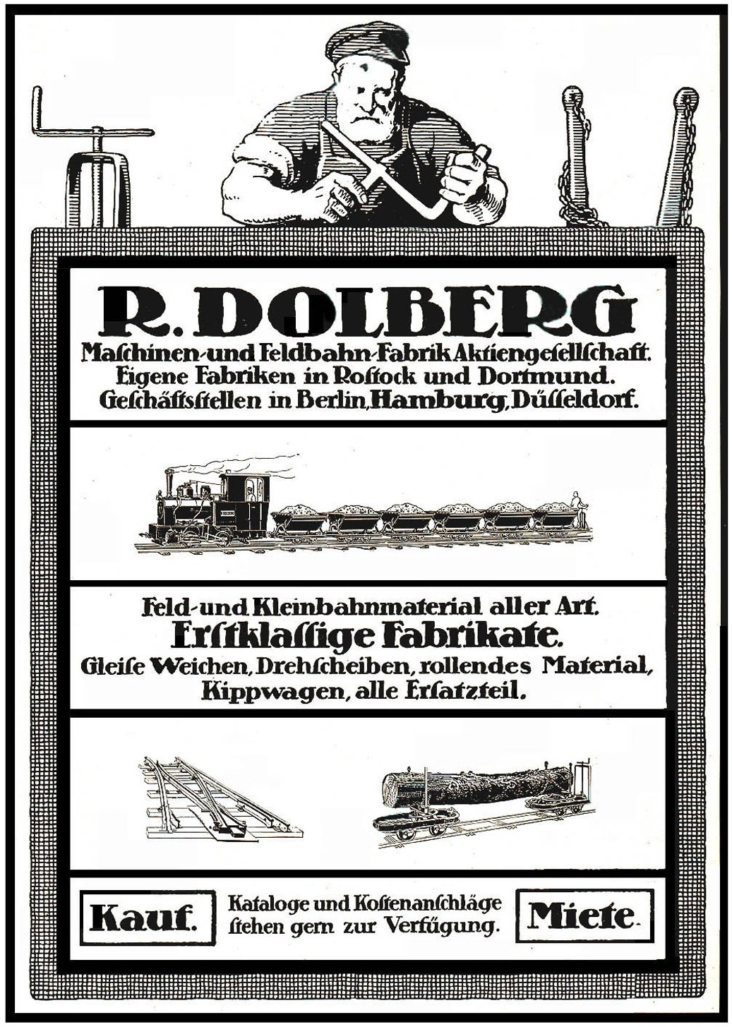 Werbeplakat für die Fabrik von R.D. Dolberg in Hamburg, Deutschland, mit Text und Bildern, darunter eine Person, ein Zug und andere Gegenstände.