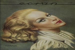 Eine Frau mit langen blonden Haaren im 1940er-Stil, die rote Lipstick trägt, schaut direkt in die Kamera auf dem Cover eines Magazins mit fetter Schrift.