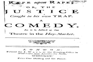 Schwarzer und weißer Poster mit der Aufschrift "Vergewaltigung auf Vergewaltigung oder die Gerechtigkeit, die in ihrer eigenen Falle gefangen ist" in fetter schwarzer Schrift, wahrscheinlich Werbung für eine Comedy-Show.