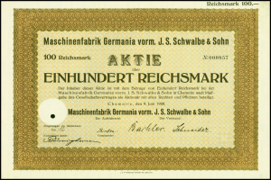 Ein altes deutsches Aktienzertifikat mit goldenem Rand und fetter Schrift, gerahmt mit einem schwarzen Rand.