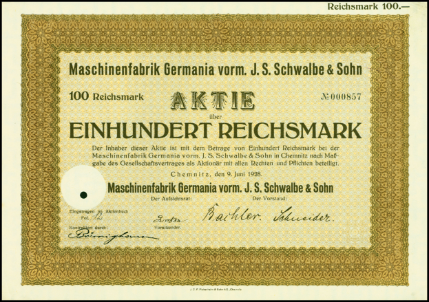 Ein altes deutsches Aktienzertifikat mit goldenem Rand und fetter Schrift, gerahmt mit einem schwarzen Rand.
