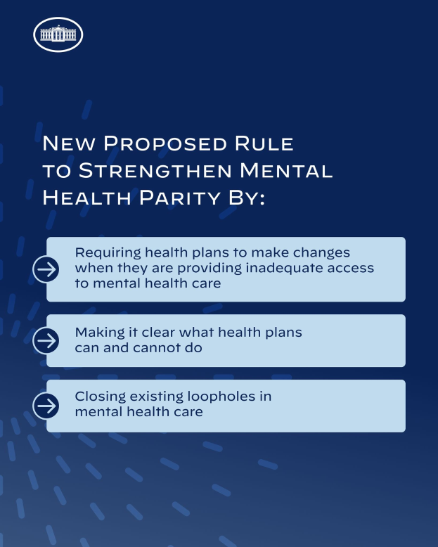 Blauer Hintergrund mit weißer Schrift und einem weißen Kreis-Logo mit einer blauen Umrandung, das eine neue Regel zur Stärkung der psychischen Gesundheit umrandet.