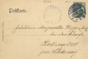 Eine alte Postkarte mit einem deutschen Stempel, auf der der Text "Hollingstadt" und die Nummer "2390" zu sehen ist.