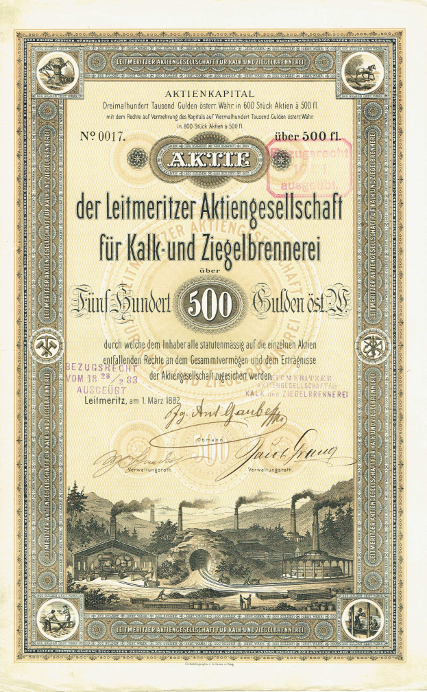 Ein altes deutsches Aktienzertifikat mit einer Fabriklustration im Hintergrund und gedrucktem Text.