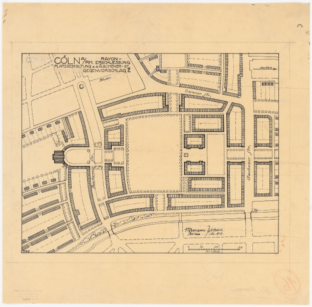 Alte Karte von Köln, Deutschland, zeigt einen detaillierten Gebäudelayout mit handgeschriebenem Text auf altem Papier.