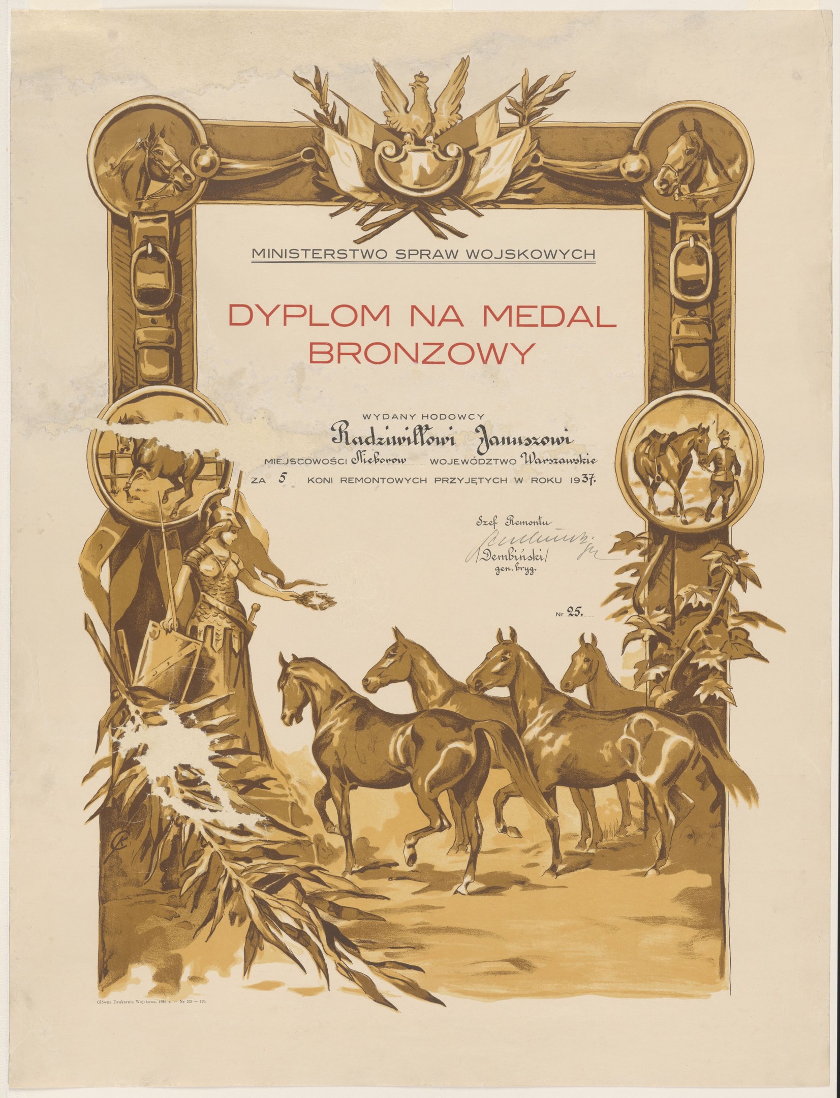 Ein Plakat, das eine Gruppe von Pferden zeigt, die in einem Feld galoppieren, mit einem Sonnenuntergang als Hintergrund, bewirbt eine Medaillenzeremonie mit dem Titel "Dyplom na Medal Bronzowy."
