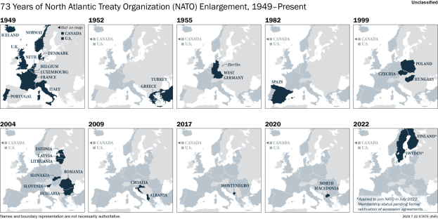 Eine Zeitachsenkarte, die die Erweiterung der NATO von 1949 bis heute zeigt, mit Regionen, die farblich nach dem Jahr der Mitgliedschaft unterteilt sind.