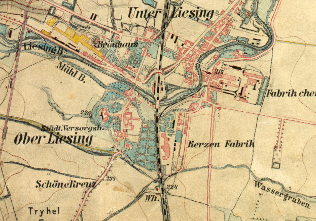 Ein altes Stadtplan von Ober Liesing, Deutschland, mit Straßen, Gebäuden und anderen Merkmalen.